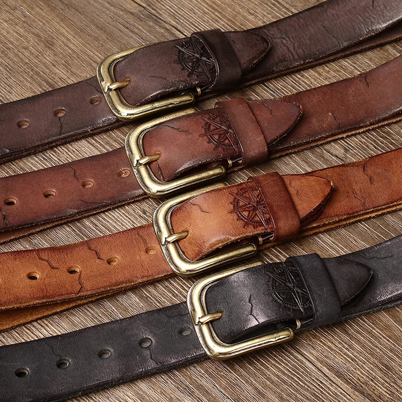 3.8CM Men High Quality Genuine Leather Belt Luxury Designer Copper Buckle Engrave Belts Pure Cowskin Strap Male Jeans for Man