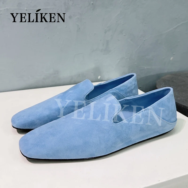 Spring Autumn Single Shoes Kid Suede Flat Shoes Square Toe Genuine Leather Loafers Concise Walking Shoes Ladies Driving Shoes