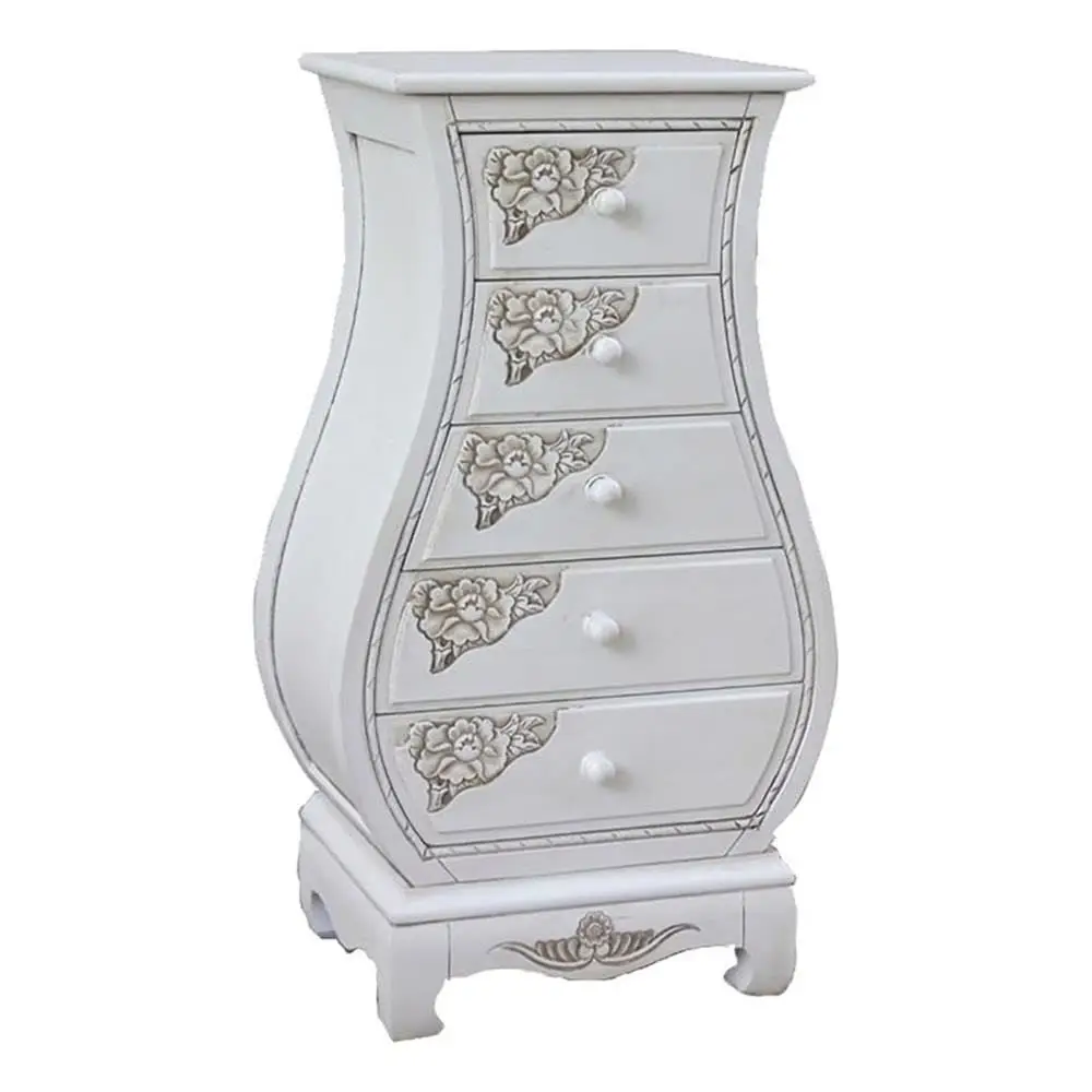 

5Drawer Hardwood Bombe Chest, 31 H x 17 W x 12 D, HandCarved Antique White Finish, Elegant Storage Cabinet for Bedroom or Livin