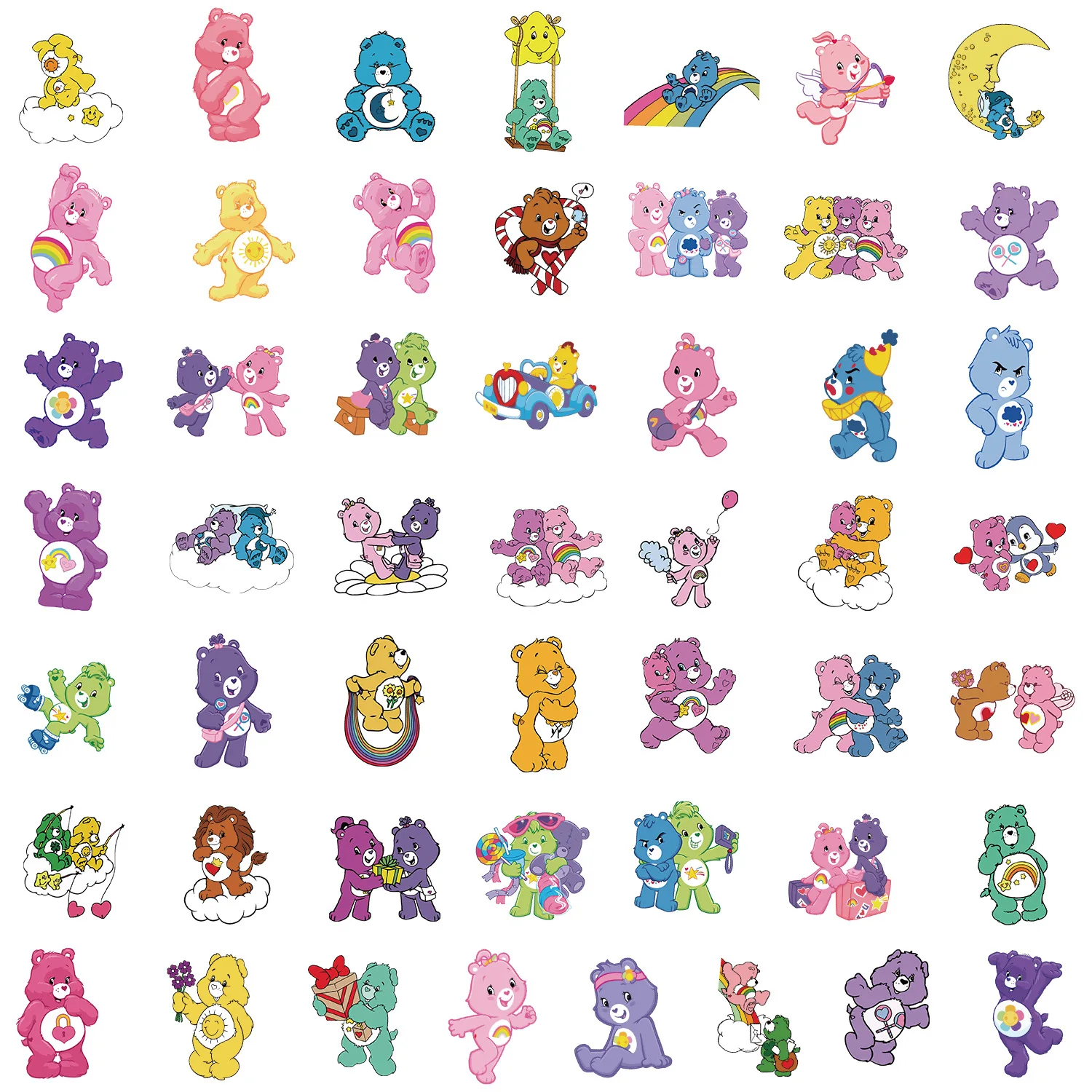 CARE BEARS-Autocollants Graffiti pour Tasse à Eau, Bagages d'Ordinateur, Décoration de Papeterie, Étanche, Créatif, Dessin Animé, DIY Bricolage, 50 Pièces