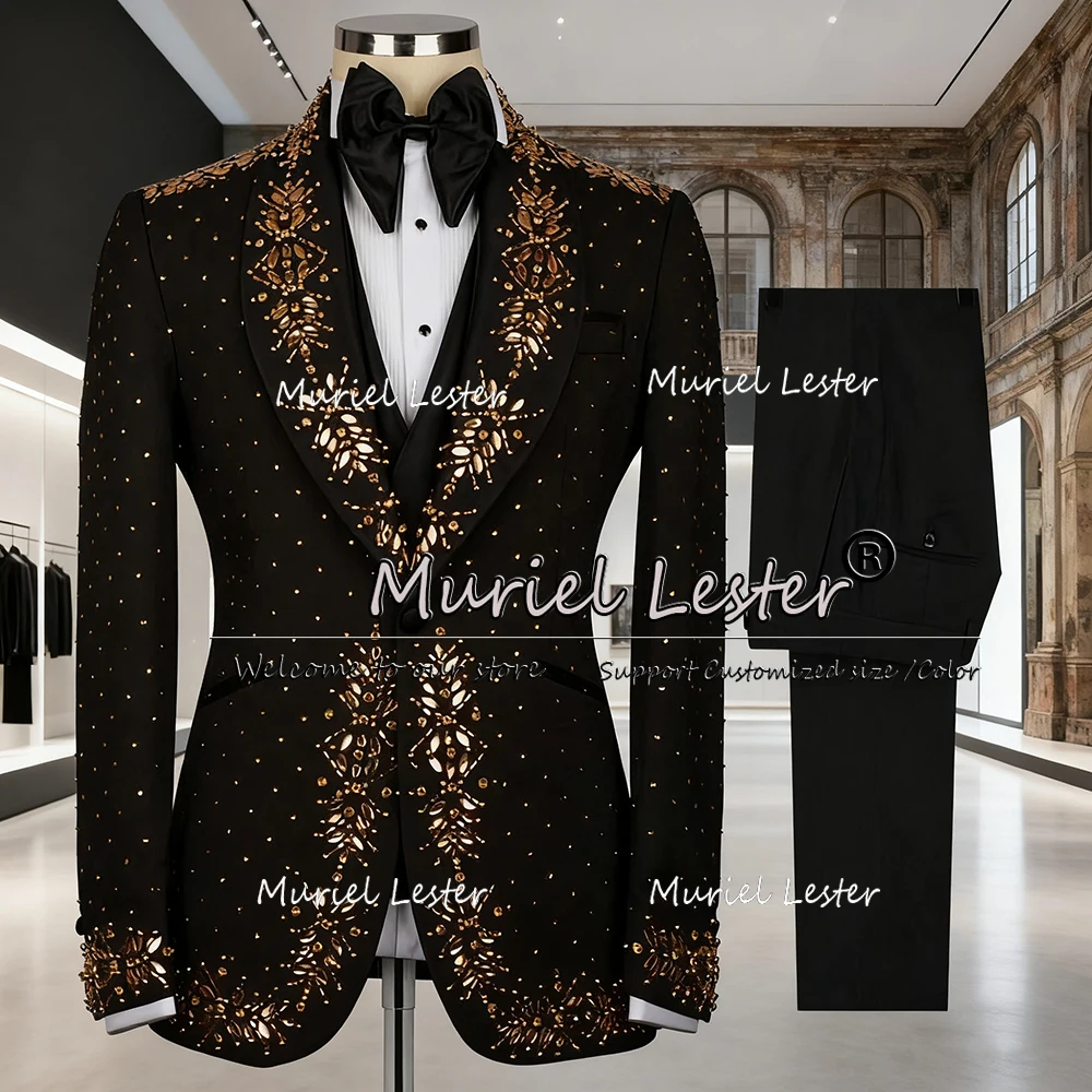 

Luxury Wedding Suits For Men Single Breasted Jacket Pants 3 Pieces Golden Beading Groom Tuxedo Plus Size Man Blazer Customized