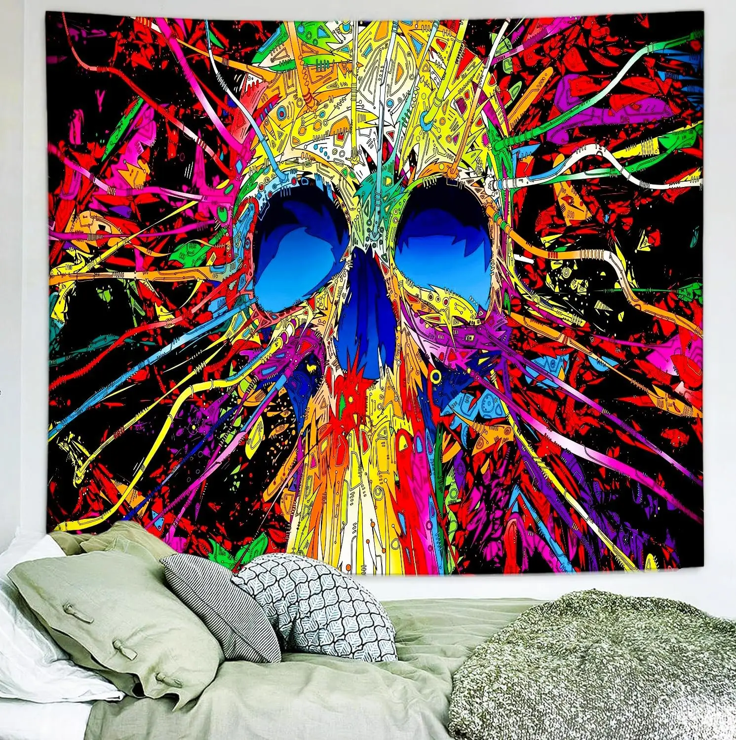 Abstract Pop Art Skull Tapestry Polyester Wall Hanging Vibrant Psychedelic Rave Festival Decor for Modern Home Living Room Art