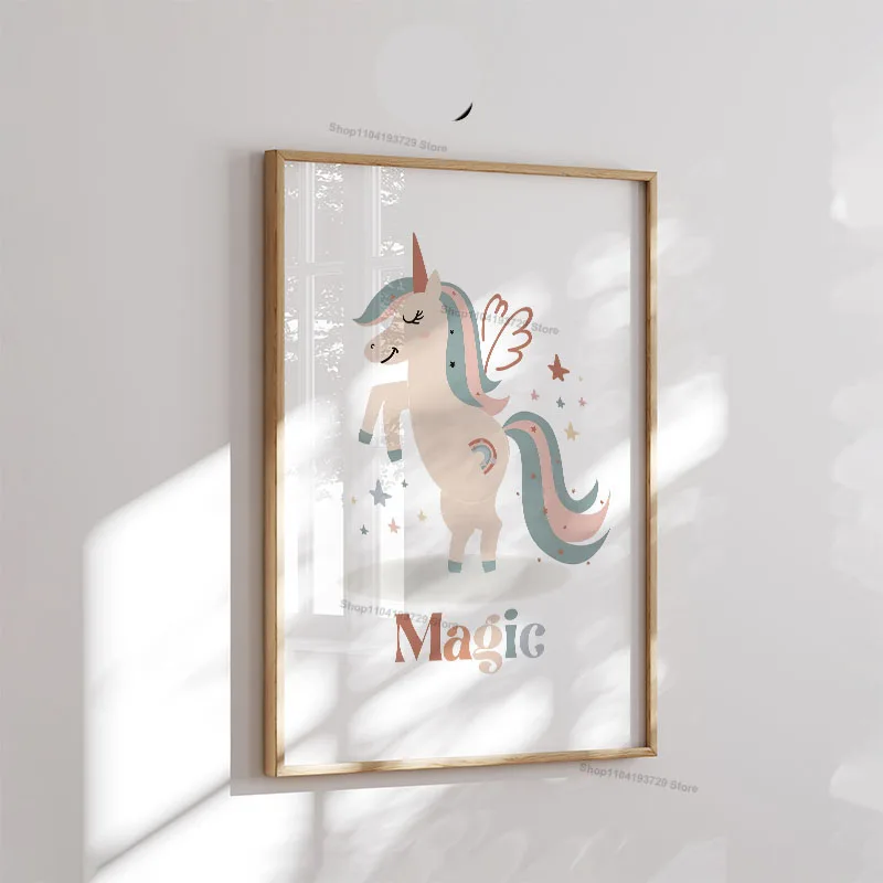 Cartoon Girl Princess Unicorn Rainbow Magic Nursery Poster Wall Art Canvas Painting Prints Pictures Baby Kids Room Home Decor