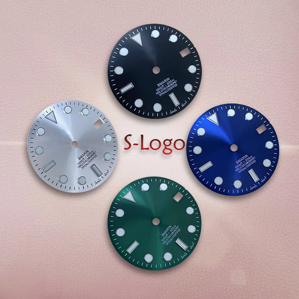 28.5mm nh35 dial s logotipo sunburst sub/skx007 dial adequado para movimento nh35 verde luminoso nh35 acessórios de relógio