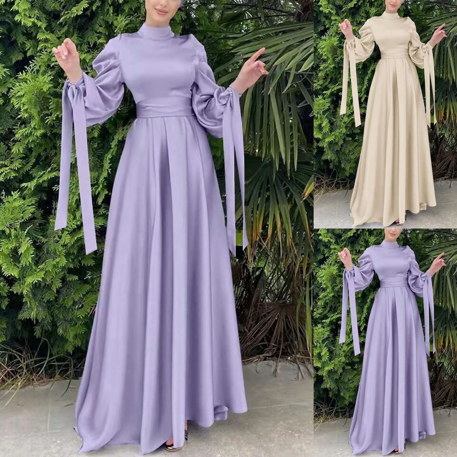 Muslim Fashion Women Islamic Satin Dress Hijab Arabic Pleated Abaya Dubai Elegant Sleeve with Ribbon Eid Mubarak Turkish Dresses