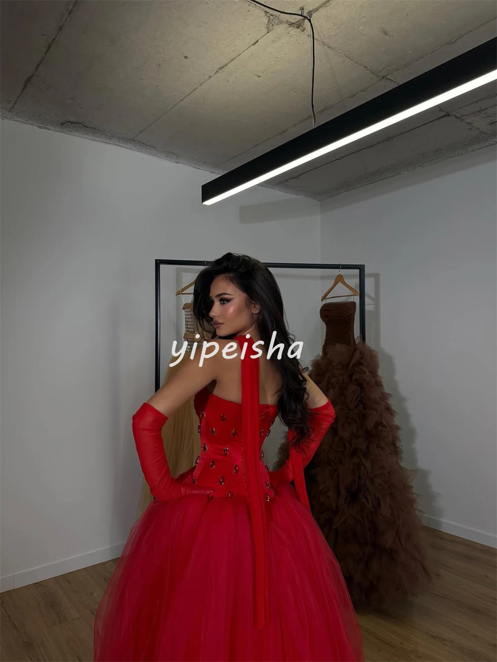 Customized High Quality Fashion Tulle Rhinestone Pleat A-line Strapless Long Dresses Bespoke Occasion Dresses Matching Formal