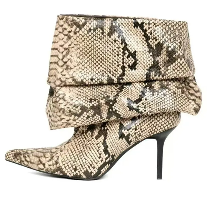 

2026 женские туфли на высоком каблуке до щиколотки, женские плиссированные ботинки на тонком каблуке со змеиным узором, Mujer, Европа, Америка, вечерние боты