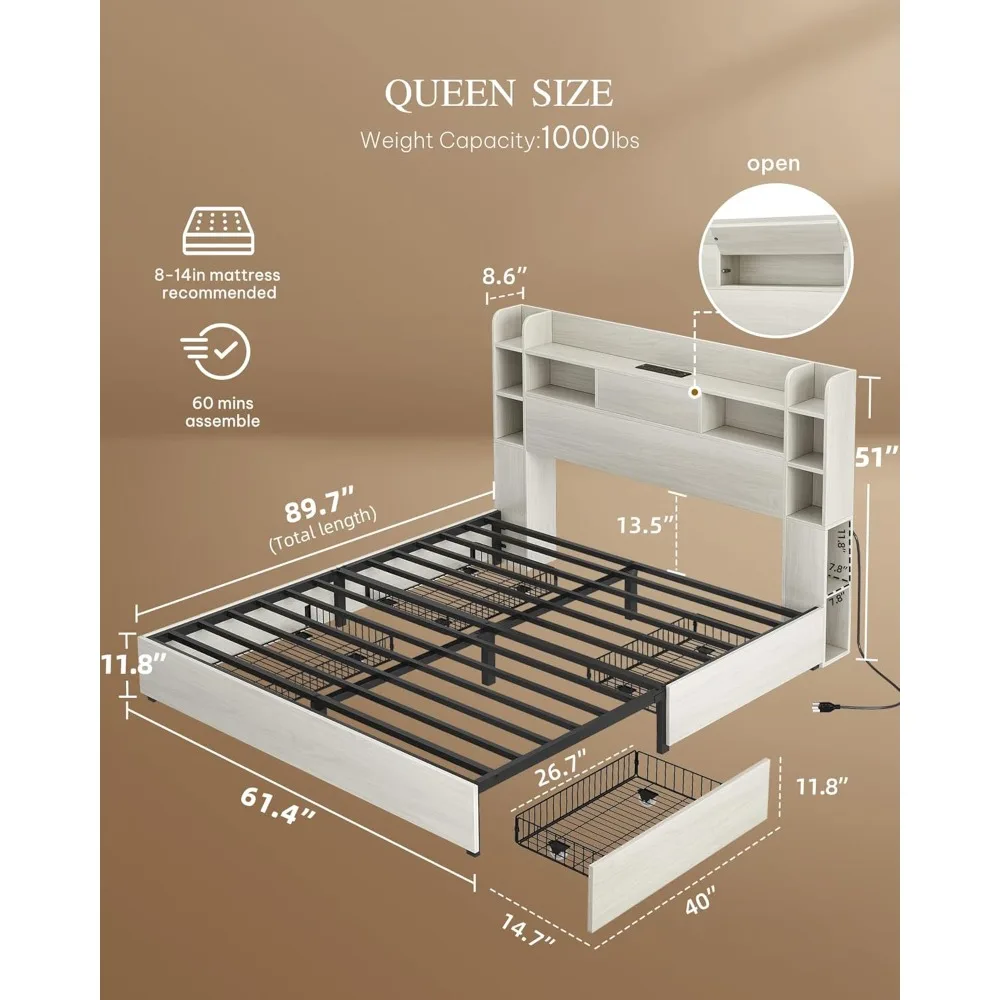 إطار سرير بحجم كوين مع لوح أمامي لخزانة الكتب و4 أدراج تخزين، وإطار سرير RGB LED مع محطة شحن USB من النوع C