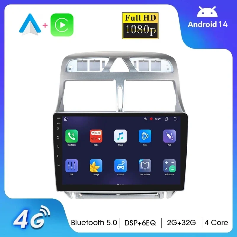 

9"INCH Carplay Android 14.0 2 Din Car Radio Multimedia Video Player For Peugeot 307 2002-2013 Video Navigation GPS 4G+WiFi DSP