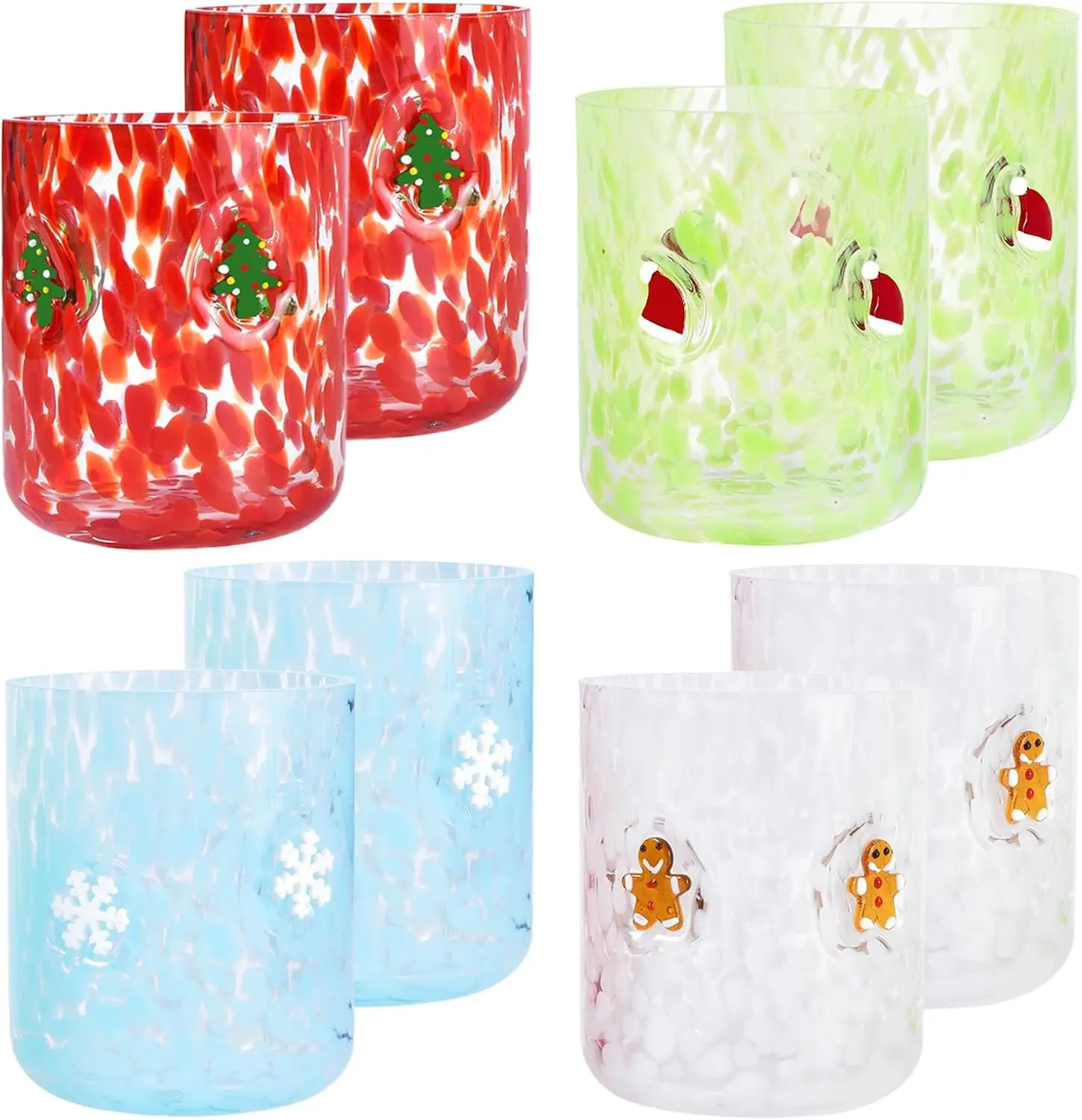 

14 oz Christmas Juice Glasses 8 Pcs Set 4 Colors Patterns Strong Durable Drinking Cups for Holiday Party Gift Kids