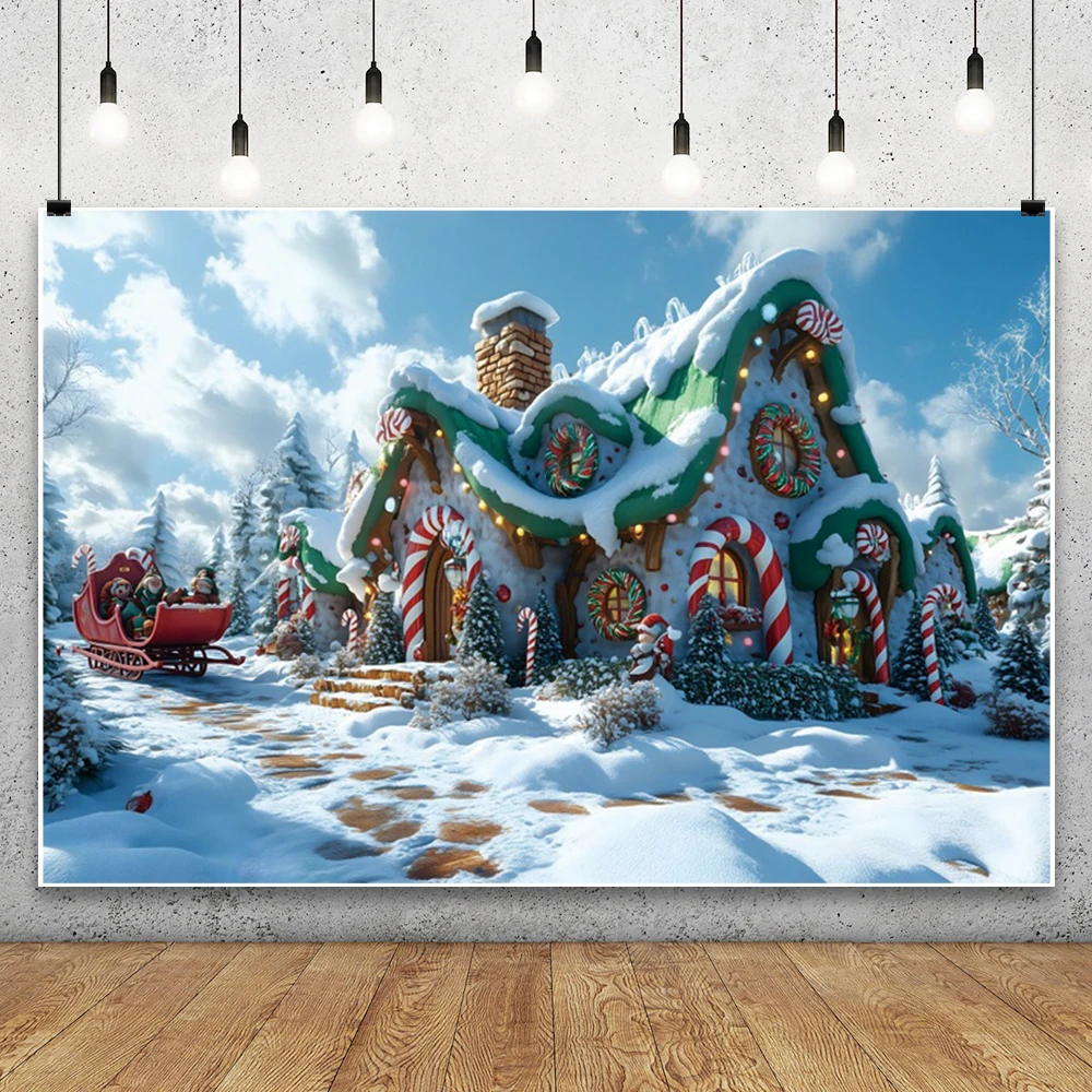 Feliz Navidad casa de nieve telón de fondo bosque de invierno paisaje nevado piruleta Santa cuento de hadas fotografía fondo estudio fotográfico