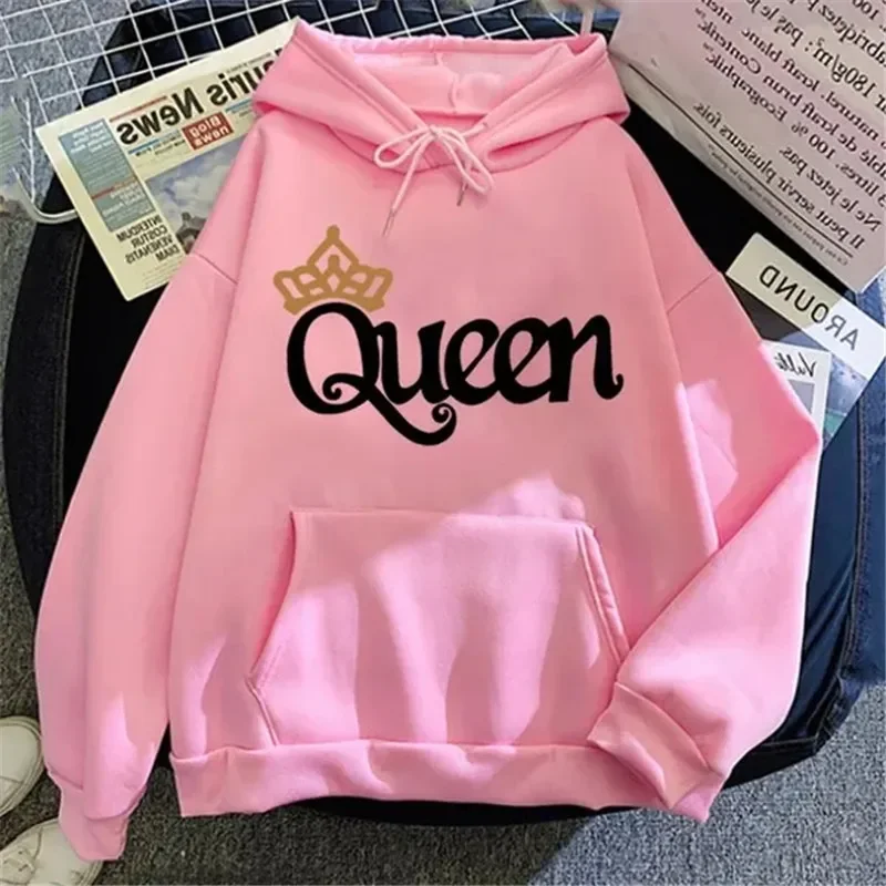 Women QUEEN Print Hoodies Autumn Fleece Hooded Sweatshirts Casual Sport Pullover Tops Outer Wear S-4XL