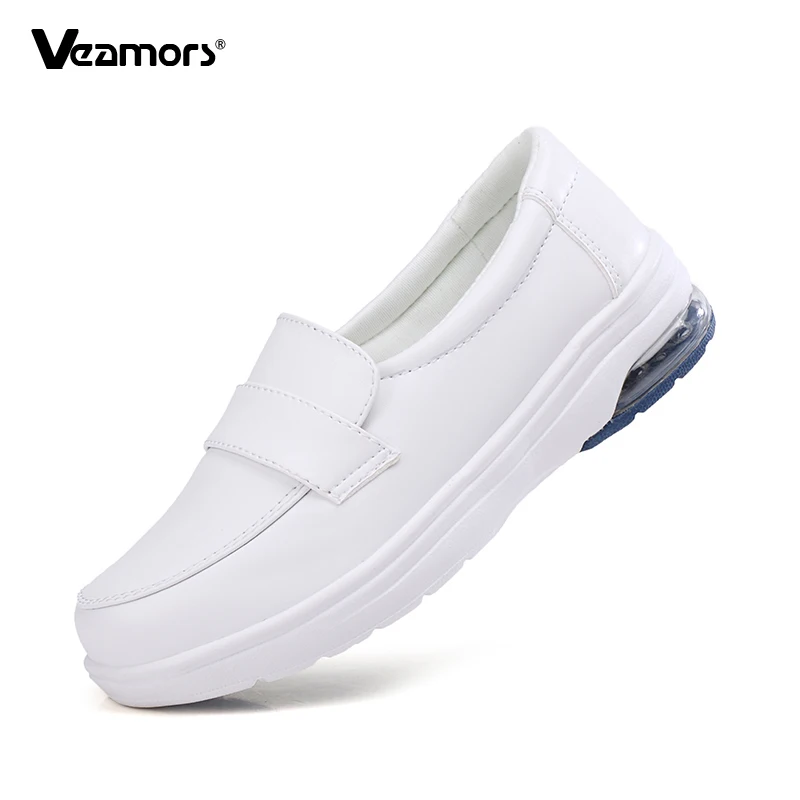 

PU Leather Comfortable Casual Flat Shoes Women Soft-soled Daily Walking Shoes Anti-slip Nurse Shoes Air Cushion White Sneakers