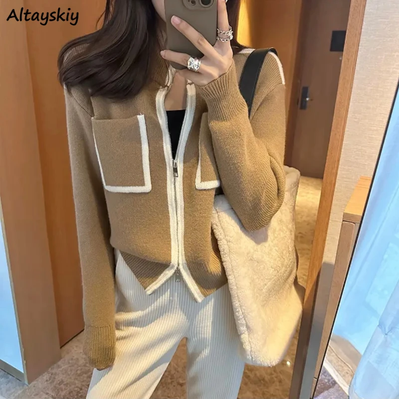 

Cardigan Women Fashion Knitwear Contrast Color Double-zippers Pockets Autumn Slouchy Outwear All-match Design Aesthetic Vintage