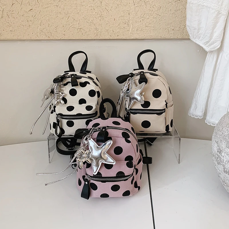 Y2K Kawaii Beige Black Polka Dot Mini Backpack Canvas Small Rucksack With Silver Star Pendant Girls Trendy  School Shoulder Bag - view 5
