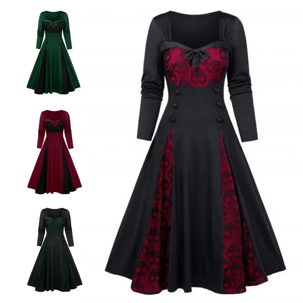 Banquet Dress Bow-knot Button Contrast Color Punk Style Lace Dress-up Stitching Swing Plus Size Prom Dress for Stage Show