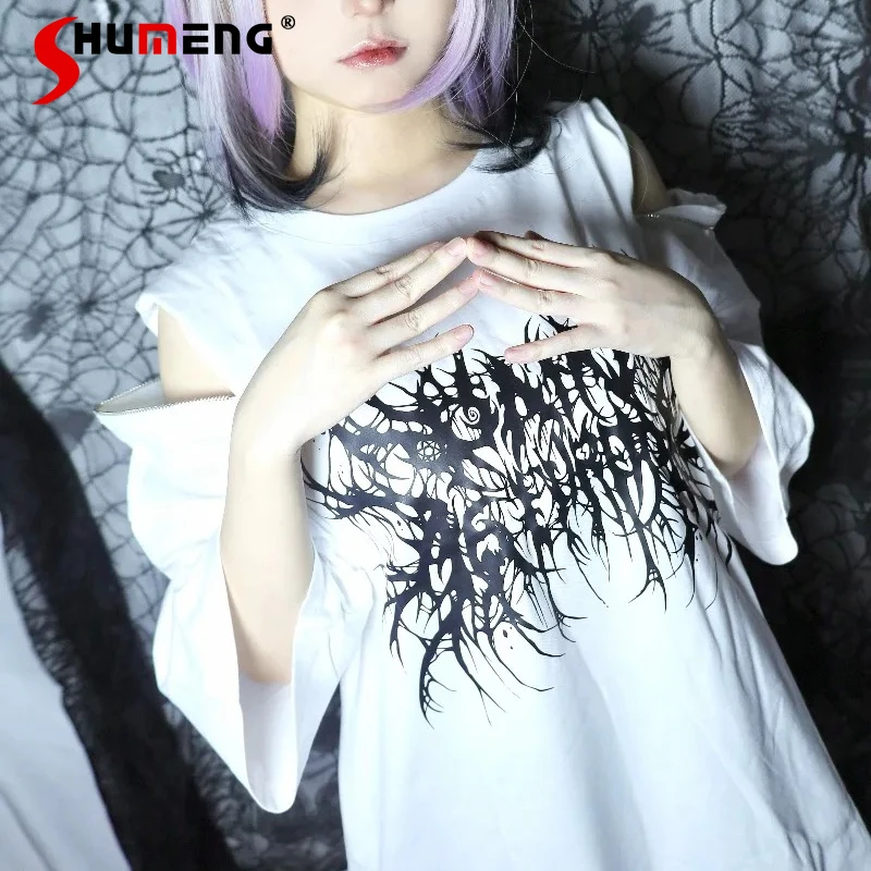 

Темно-черная стильная футболка с открытыми плечами и принтом на молнии, пуловеры, японский топ Rojita с короткими рукавами и круглым вырезом, женские футболки