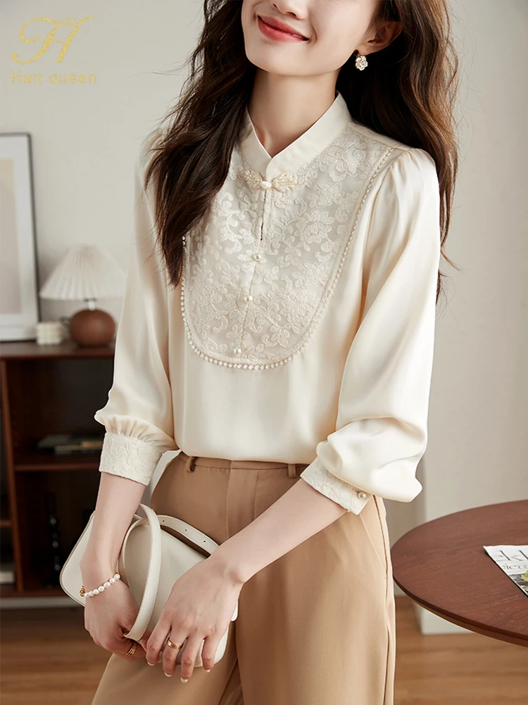 H Han Queen New Autumn Vintage Office Blouse Female Shirt Lace Embroidery Beads Tops Long Sleeve Casual Women Loose Blouses