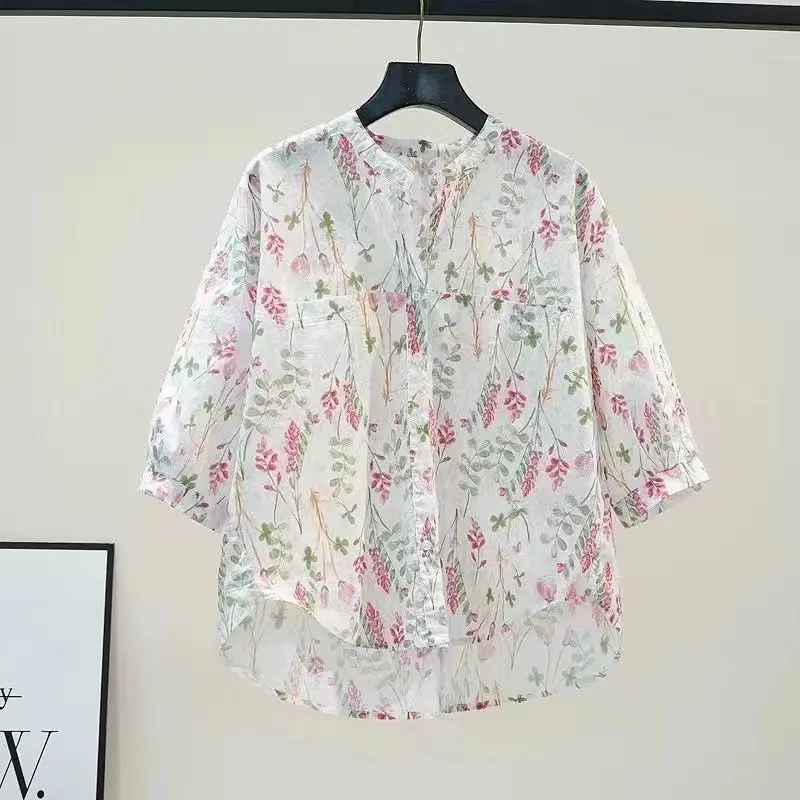 

Pure Cotton Floral Printed Three-quarters Sleeves Shirt for Women Summer Casual Loose Comfortable Tops Fashion Women Clothing