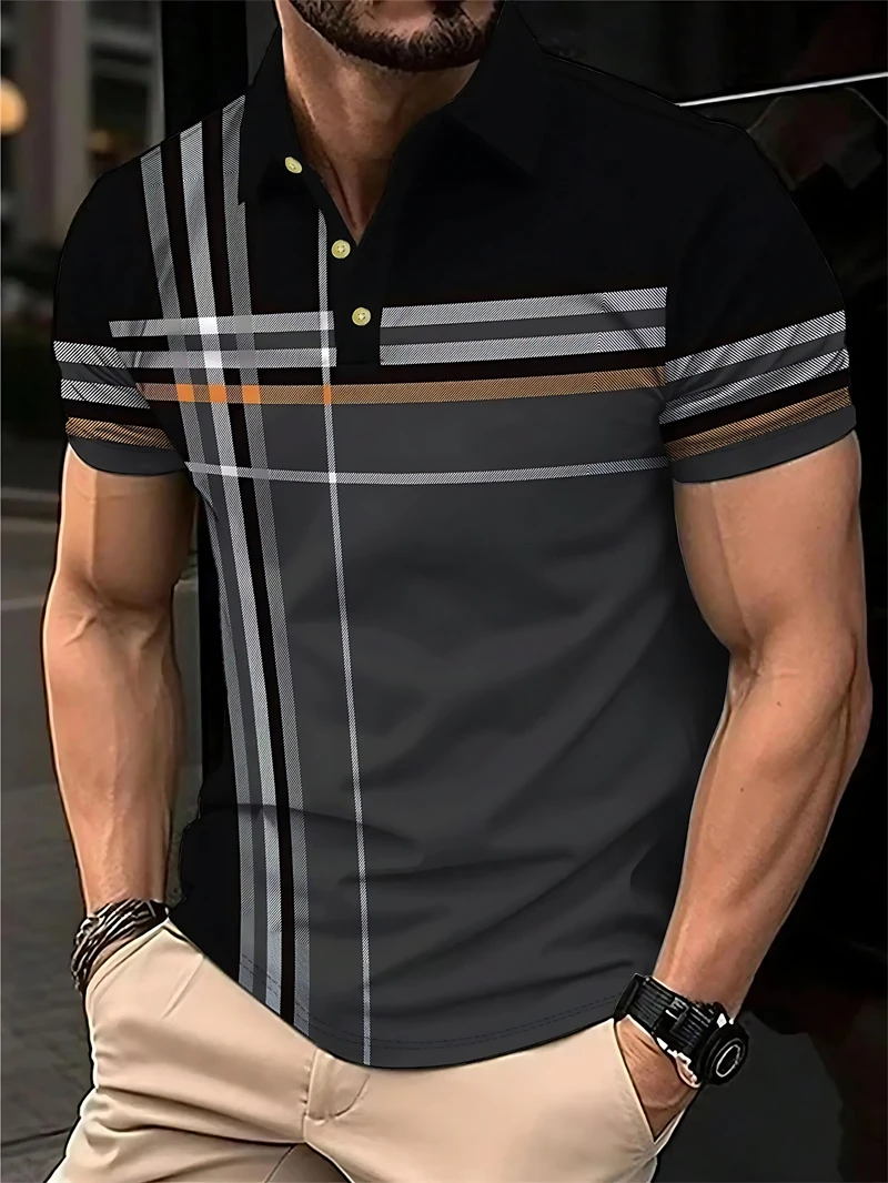 Simple Striped Polo Shirts For Men Summer Casual Short Sleeve 3D Printed Business Polo Shirt Loose Breathable Daily Wear Tees
