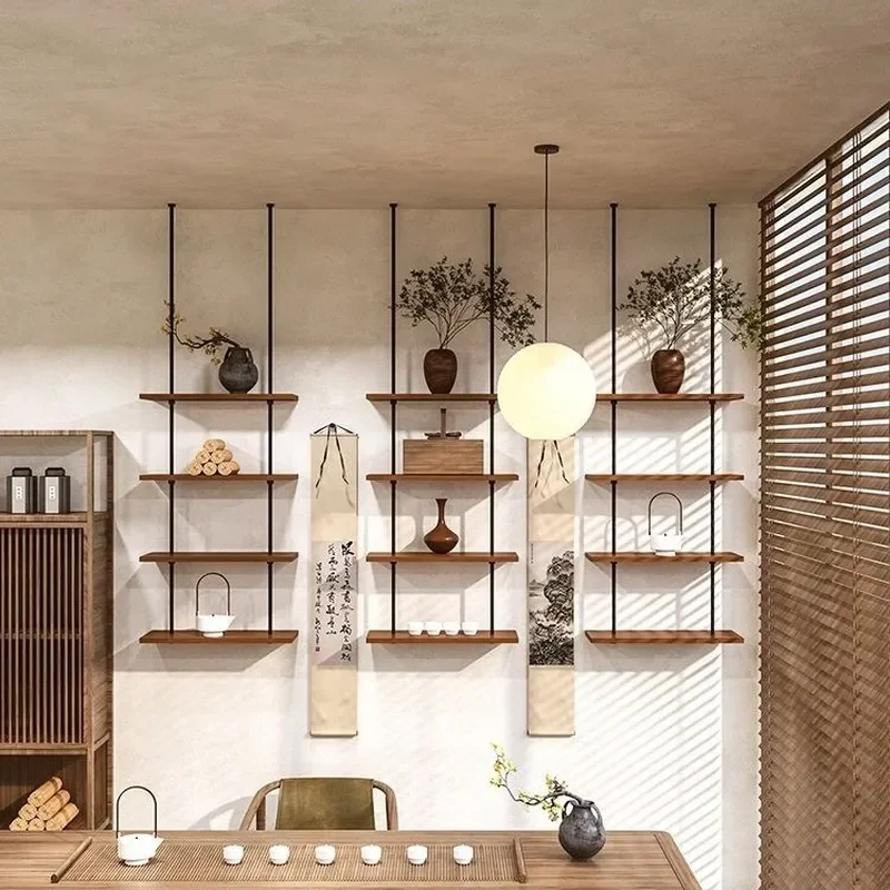 Light Luxury Wooden Bookshelf with Lamp Partition Open Display Shelf for Living Room Office Shoe Store Storage and Decoration