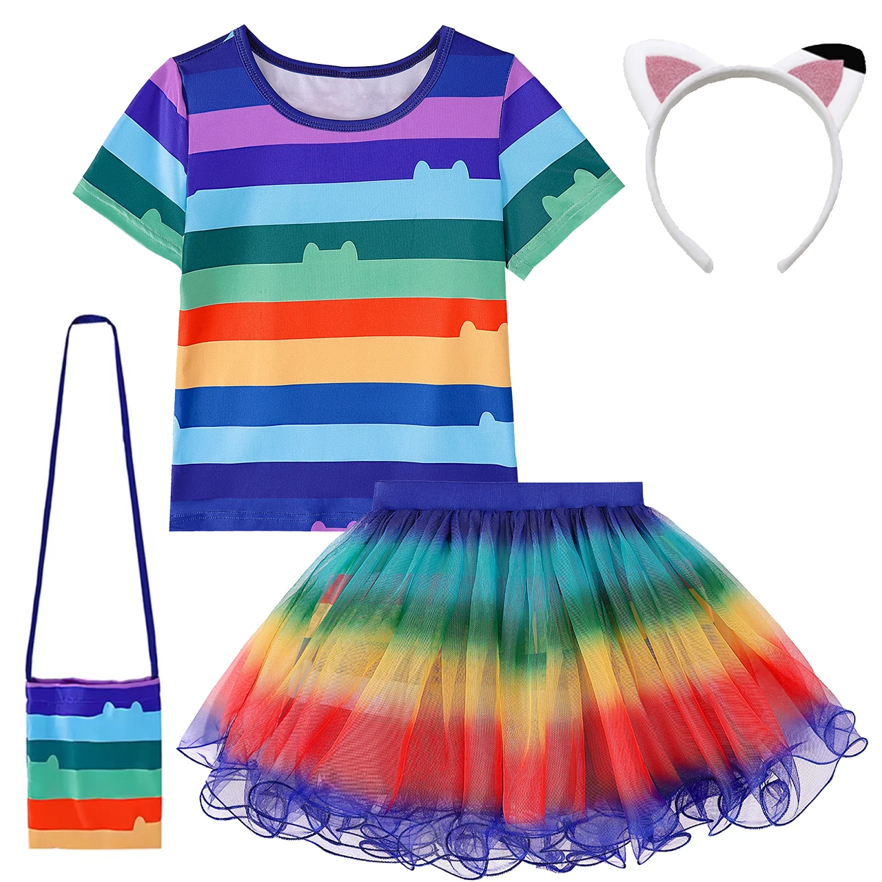 Girls Rainbow Striped T-Shirt Tutu Skirt With Cat Ears Headband Set Halloween Carnival Cosplay Costume Kids Birthday Clothing