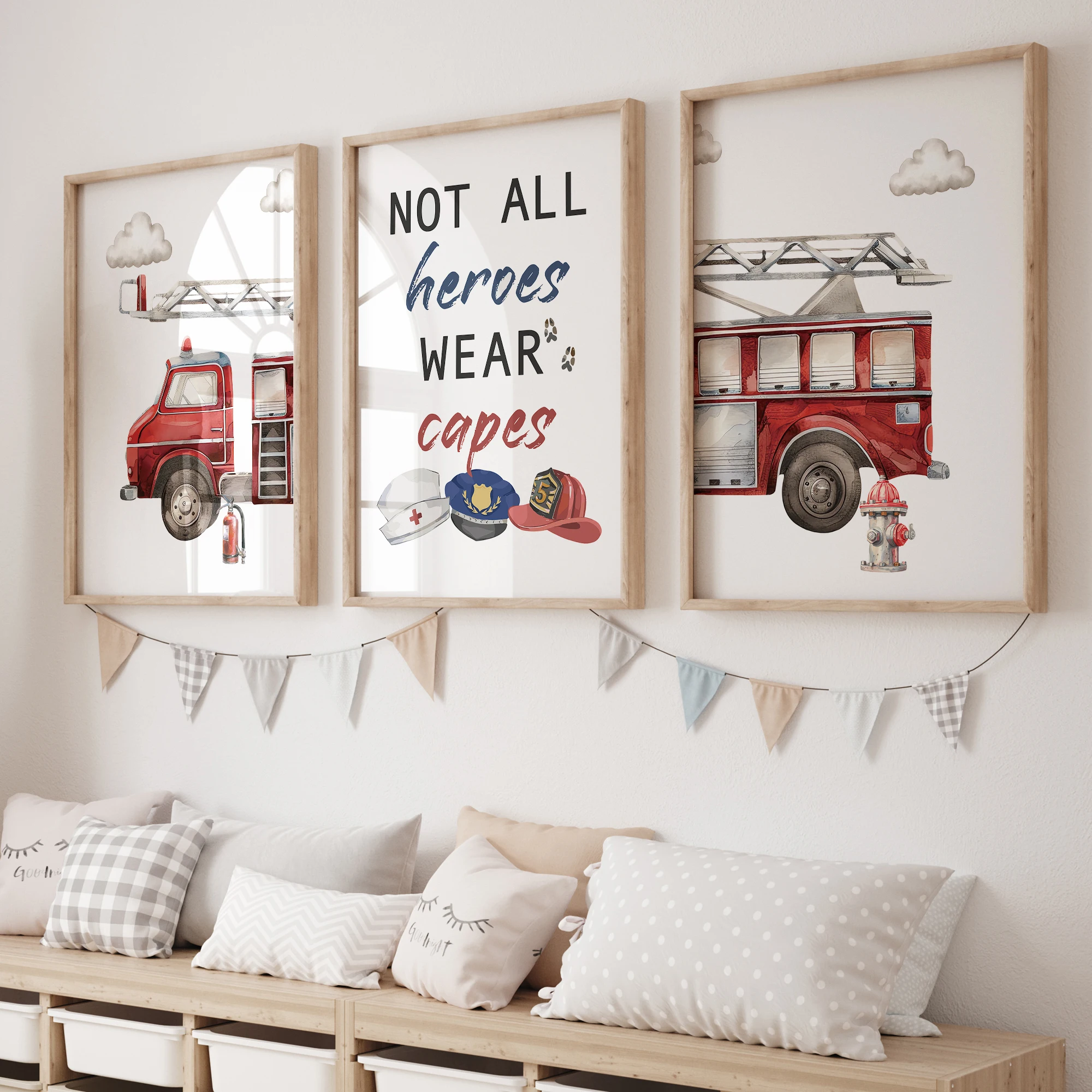 Cuadro sobre lienzo con estampado artístico de dibujos animados de camión de bomberos, póster para habitación de niños, decoración del hogar para habitación de niños