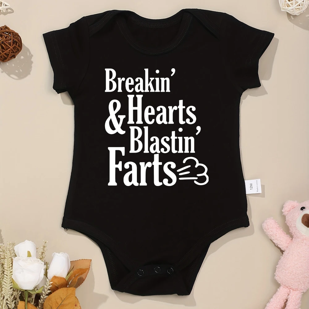 Onesies engraçados do verão para o bebê recém-nascido, Breakin Hearts Print, roupas de algodão para menino e menina, manga curta, o pescoço, macacão