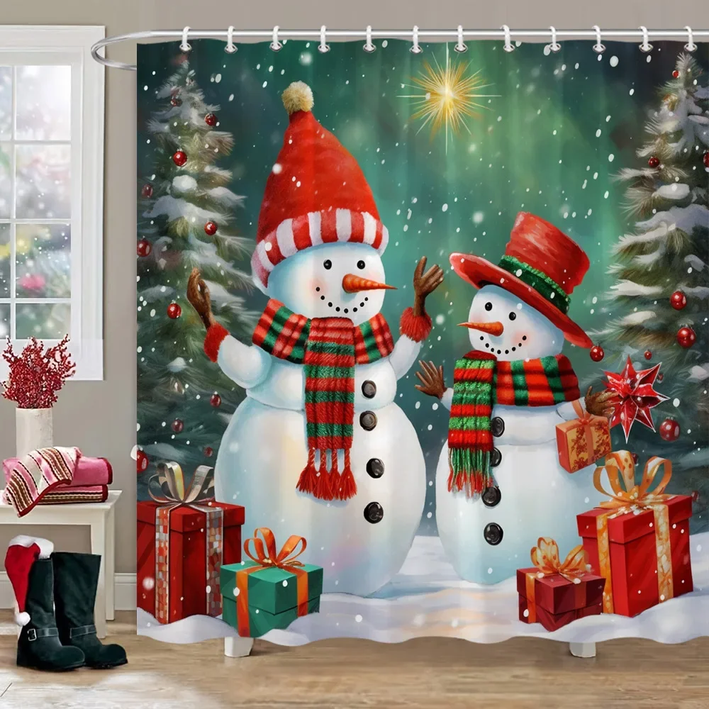 Christmas Snowman Shower Curtain Merry Santa Elf Deer Red Truck Polyester Fabric Printed Bath Curtains Bathroom Decor With Hooks