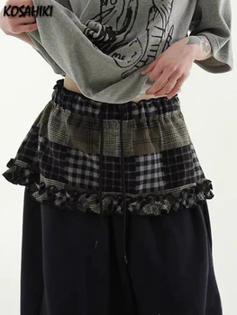 Harajuku Plaid Patchwork Mini Rock 2025, Vintage Grunge Rüschen Faldas Y2k Ästhetische Frauen Kordelzug Röcke Streetwear Trendy