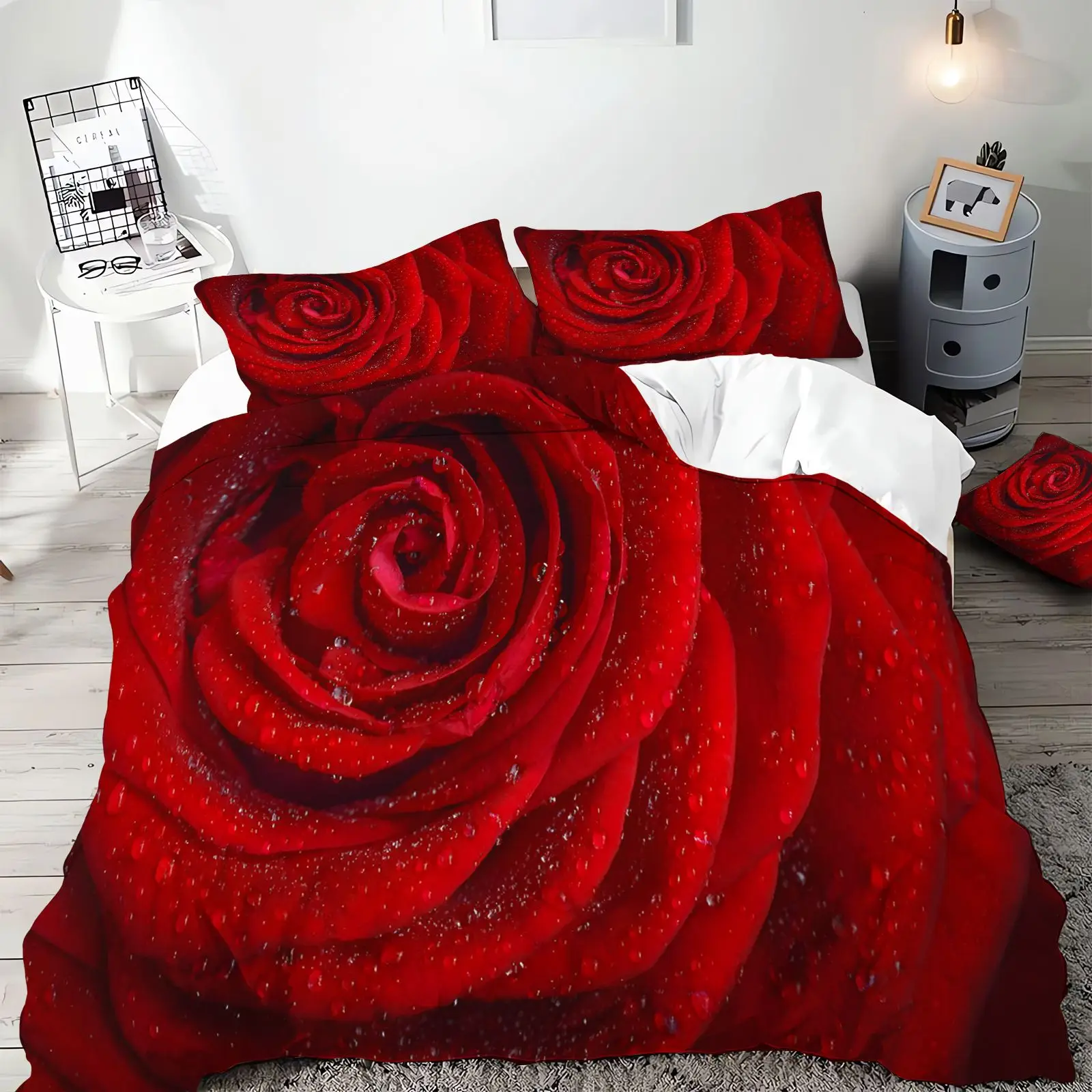 Vivid Red Rose With Water Droplets Duvet Cover Set Romantic Floral Print Bedding With Pillow Shams For Women Bedroom Decor