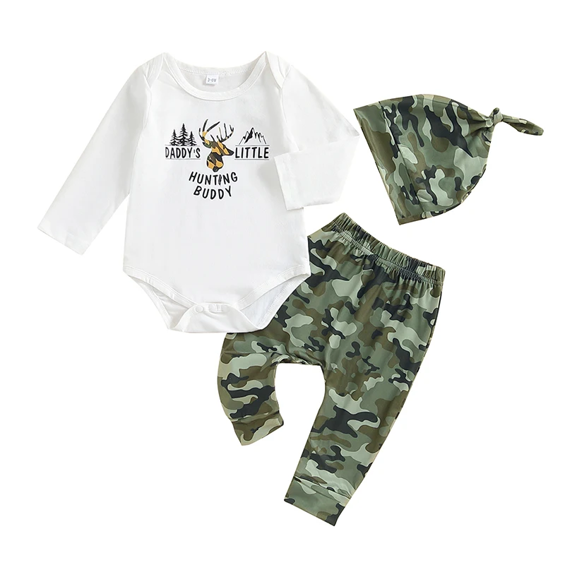 

Baby Boy Fall Outfit Letter Print Long Sleeve Romper Elastic Waist Camouflage Pants Hat 3 Piece Set