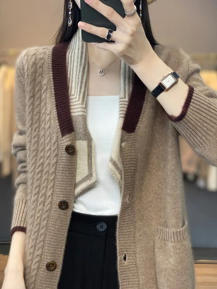 2024 New Autumn Winter Women Cashmere Sweater 100% Merino Wool Knitted V- Neck Cardigan Contrast Button-up Stylish Fashion Top