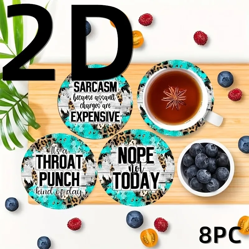 

8 Pieces 2D Wooden Coasters Blue Gray Coffee Pattern Theme Desktop Insulation Mats Home Decor Coffee Cup Coasters For Office