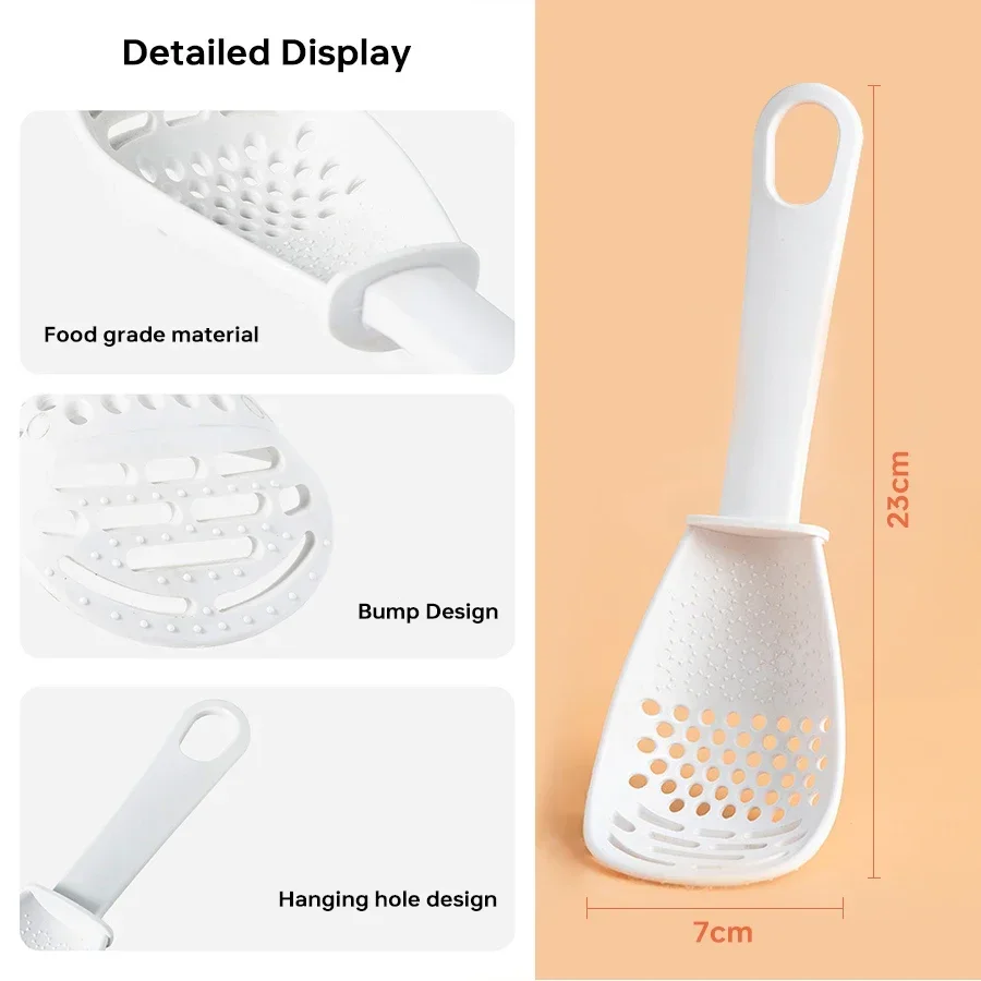 2023 New Multifunctional Strainer Spoon Kitchen Cooking Spoon Heat-resistant Hanging Hole Potato Garlic Press Colander Spoon