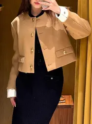 Women's Single Breasted Short Jacket Early Autumn 2024 Cuffs Splicing Long Sleeve Round Neck Elegant Female Coat