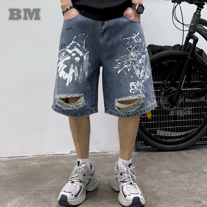 

‌Mens American Vintage Jorts Loose Fit Straight Leg Distressed Denim Shorts Summer Hip Hop Streetwear Graffiti Cargo Five Inch