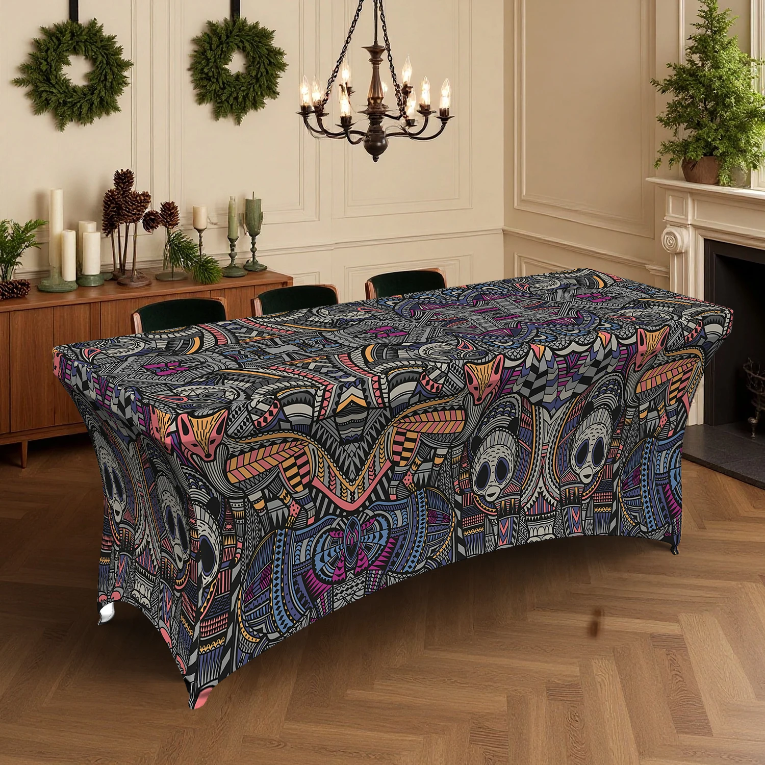 1PC Summer Outdoor Elastic Tablecloth, Day of the Dead Skull Totem Digital Print, 4/6/8FT Rectangular Stretch