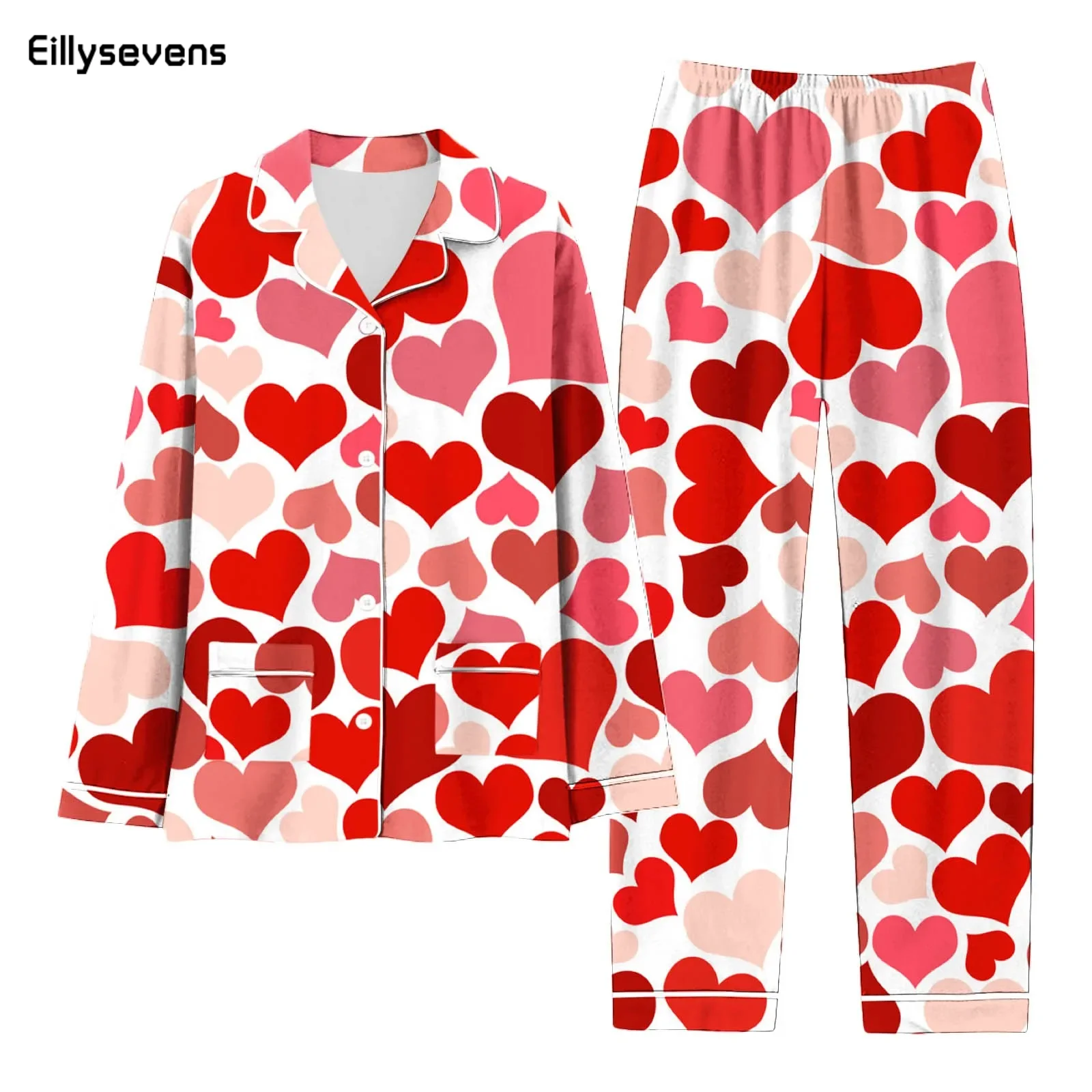 

Women Spring Pajamas Heart Print Pajama Set Button Up Long Sleeve Top With Trousers Pyjama Sets Women'S Sleepwear Loungewear Pjs