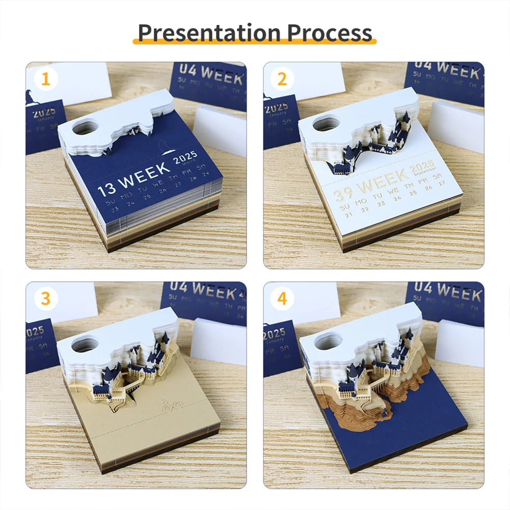 2025 Time Piece Calendar with LED Light and Pen Holder Paper Carving Art Memo Pad Notepad 3D Desk Calendar Novelty Gift