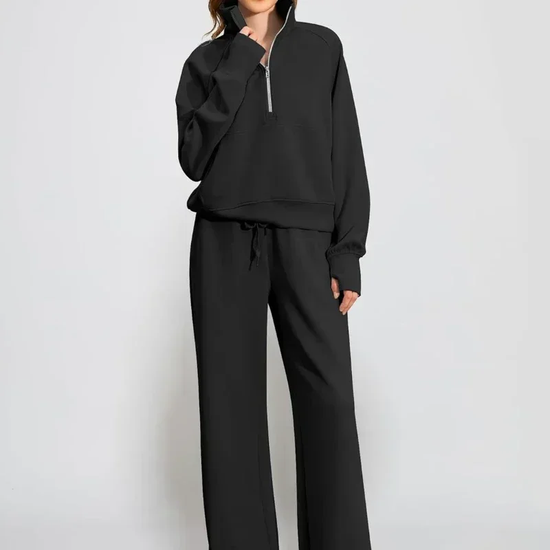 Women's 2 Piece Outfits Lounge Set Oversize Half Zip Sweatshirt Wide Leg Sweat Pant Set Sweatsuit Tracksuit