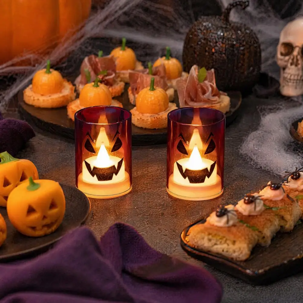 Led Pumpkin Lamp Halloween Candle Light Halloween Ghost Face Candle Light Battery Operated Led Lamp Detachable Handle for Home