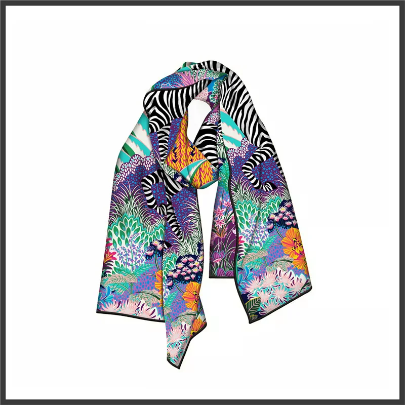 POBING Twill Silk Scarf Women Poncho Zebra Foreast Printed Long Scarves Wraps Bandana Big Shawl Rolled Hijabs Female Foulards