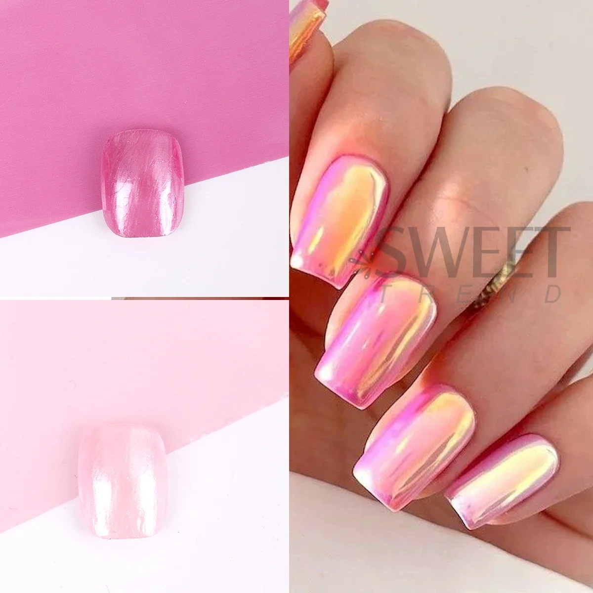 Folhas de transferência de unhas espelhadas rosa puro, estilo de metal gradiente, design doce, cobertura completa, impressão, adesivos de manicure de verão com 10 peças
