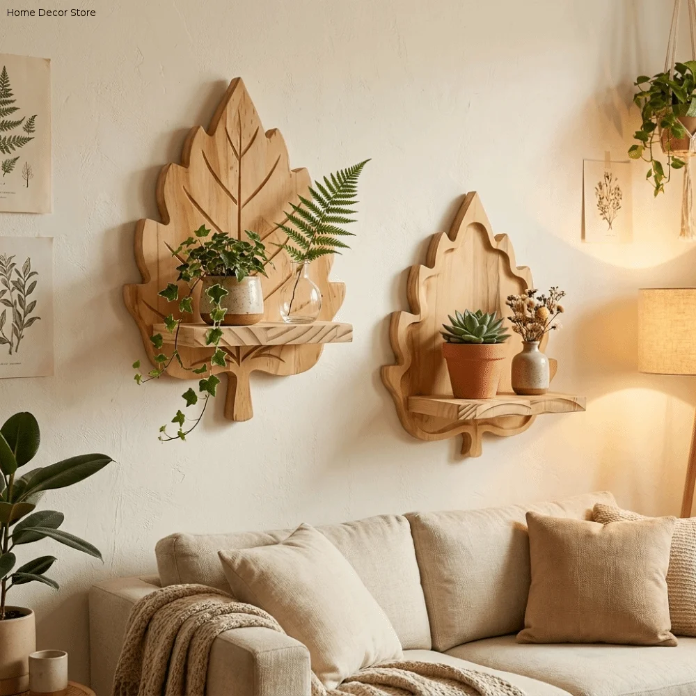 Wooden Maple Leaf Wall Shelf Nature Style Stable Wall Mounted Leaf Shelf Decorative with Screws Wall Display Shelf Bedroom