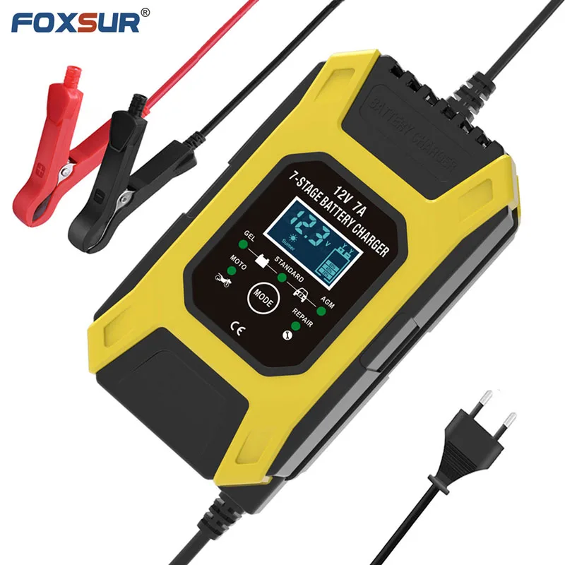 FOXSUR 12V 7A 7-stage Pulse Battery Charge, Deep cycle EFB GEL WET AGM Car Motorcycle Battery Charger, Maintainer & Desulfator