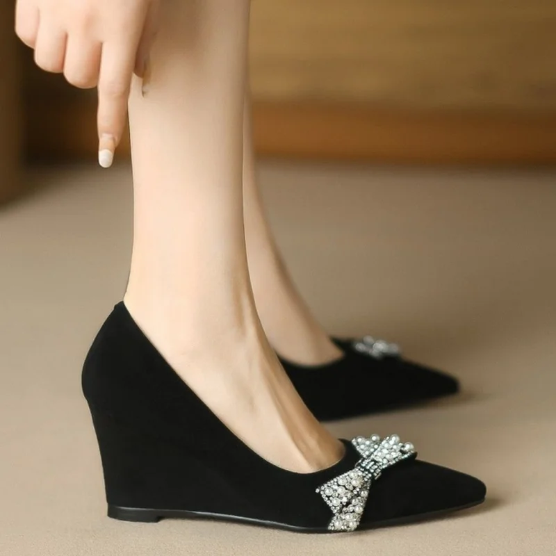 FHC Nubuck Women Pumps,High Heels Flock Shoes,Rhinestone Bowtie Wedges,Slip On,Pointed Toe,Black,Big Size,34-42,Dropship