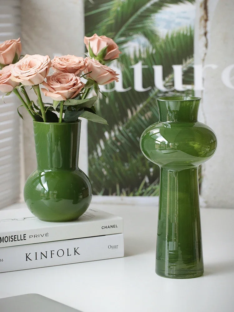 AhunderJiaz Nordic Style Green Glass Flower Vase Desktop Living Room Coffee Table Decorative Ornaments Home Decor
