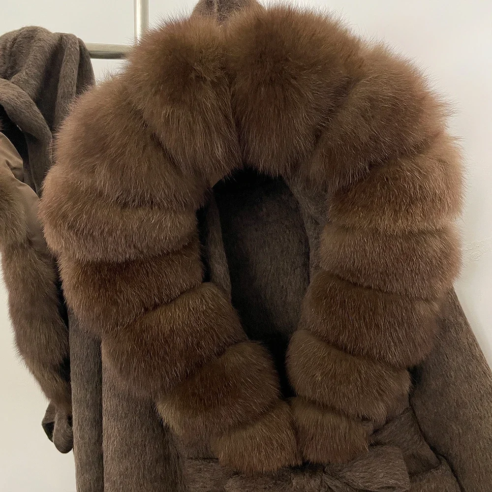 OFTBUY Neue warme Winterkleidung für Damen, Wollmantel mit Gürtel und großem Naturfellkragen, modische Kapuzenjacke aus echtem Fuchsfell und Wolle für Frauen – Detail 5