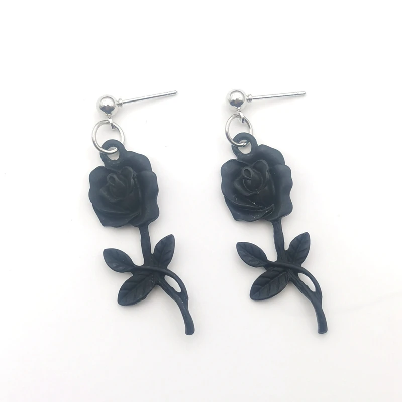 Gothic Punk Earl Flowers Black Silver Colour Rose Dangle Earrings for Women E Boy Girl Cool Earrings 90s Aesthetic Accessorie